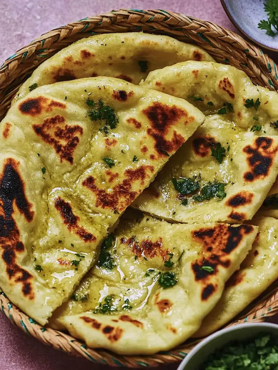 Un panier de naan chaud fraîchement cuit, garni d'herbes et partiellement badigeonné d'huile.