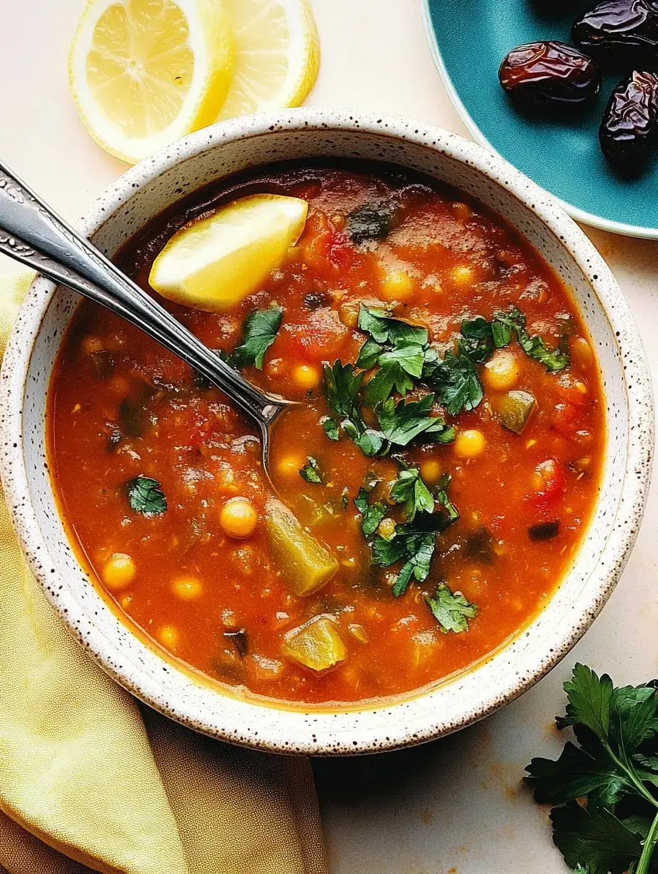 Un bol rempli d'une soupe colorée aux légumes, garnie de coriandre fraîche et d'un quartier de citron, entouré de tranches de citron et d'un petit bol de dattes.