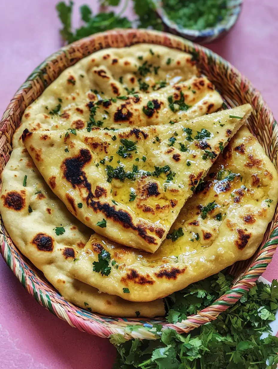 Un panier de naan fraîchement cuit, garni de coriandre et d'un peu de beurre.