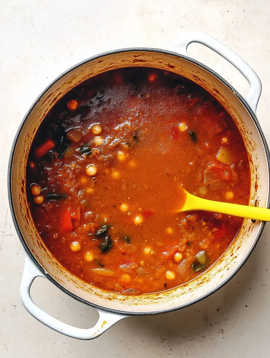 Une grande marmite ronde contenant une soupe copieuse avec des légumes et de petites boulettes, ainsi qu'une cuillère jaune à l'intérieur.