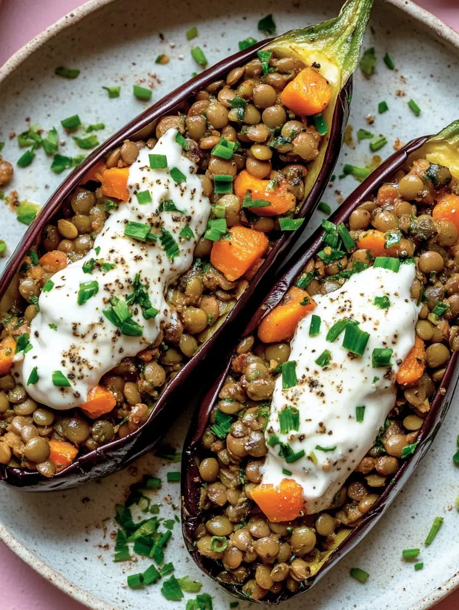 Moitiés d'aubergines grillées garnies de lentilles et courge, nappées de yaourt et herbes fraîches.