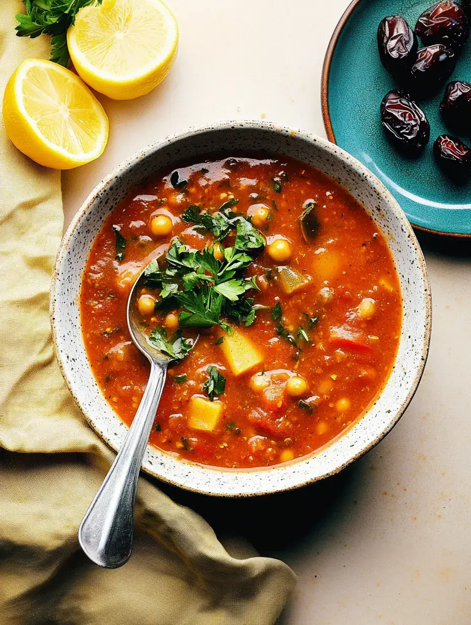 Un bol de soupe colorée aux légumes, garnie de persil frais, avec des citrons coupés en deux à côté et un bol de dattes.