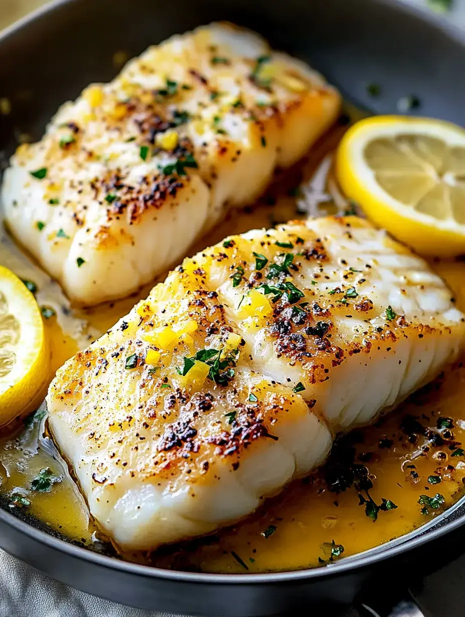 Deux filets de poisson poêlés avec tranches de citron et herbes fraîches dans une poêle.