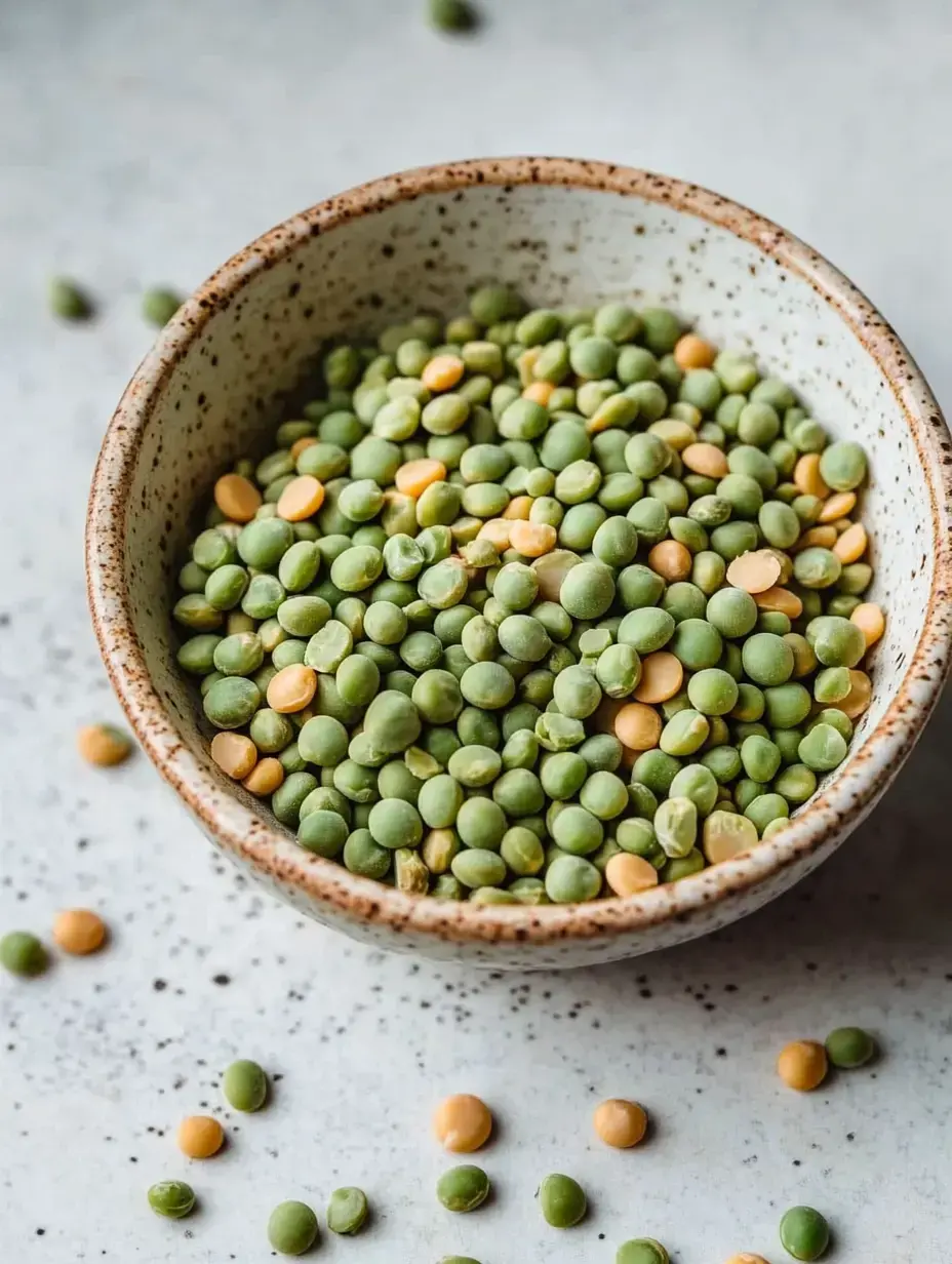 Un bol rempli de pois verts et jaunes dispersés sur une surface claire.