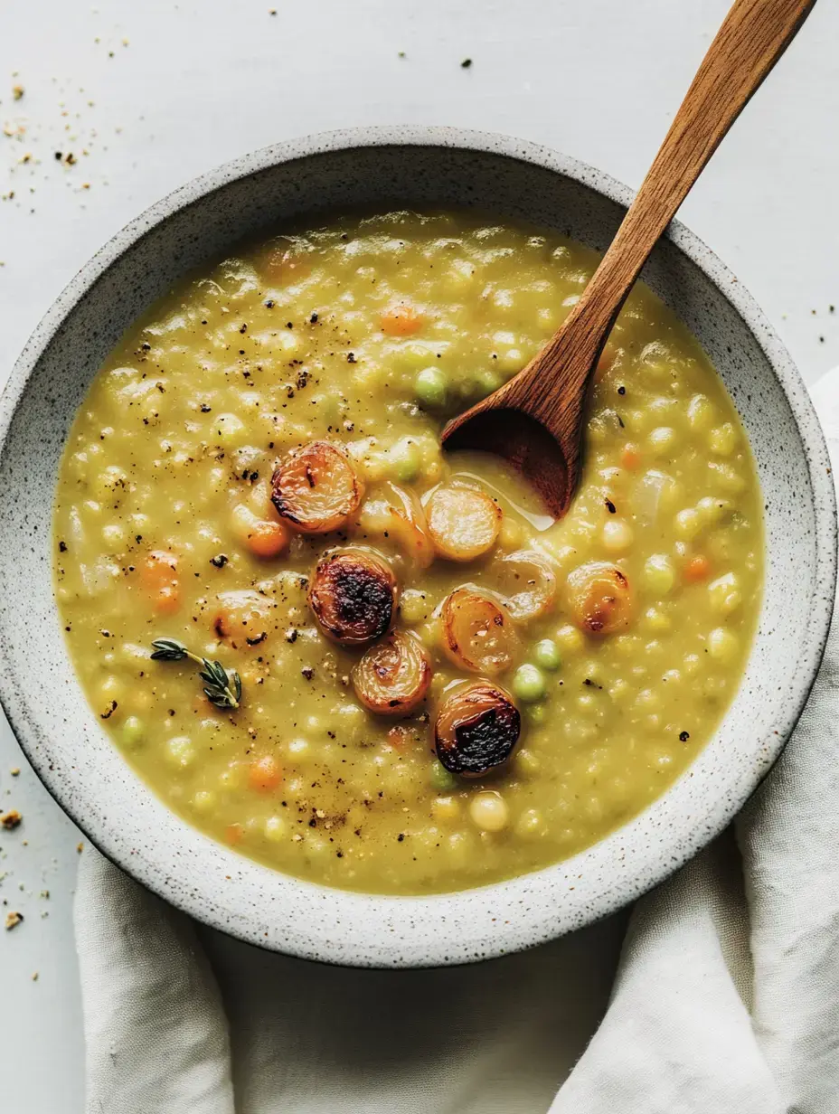 Un bol de soupe crémeuse aux pois, garnie de rondelles de carottes grillées avec une cuillère en bois à côté.