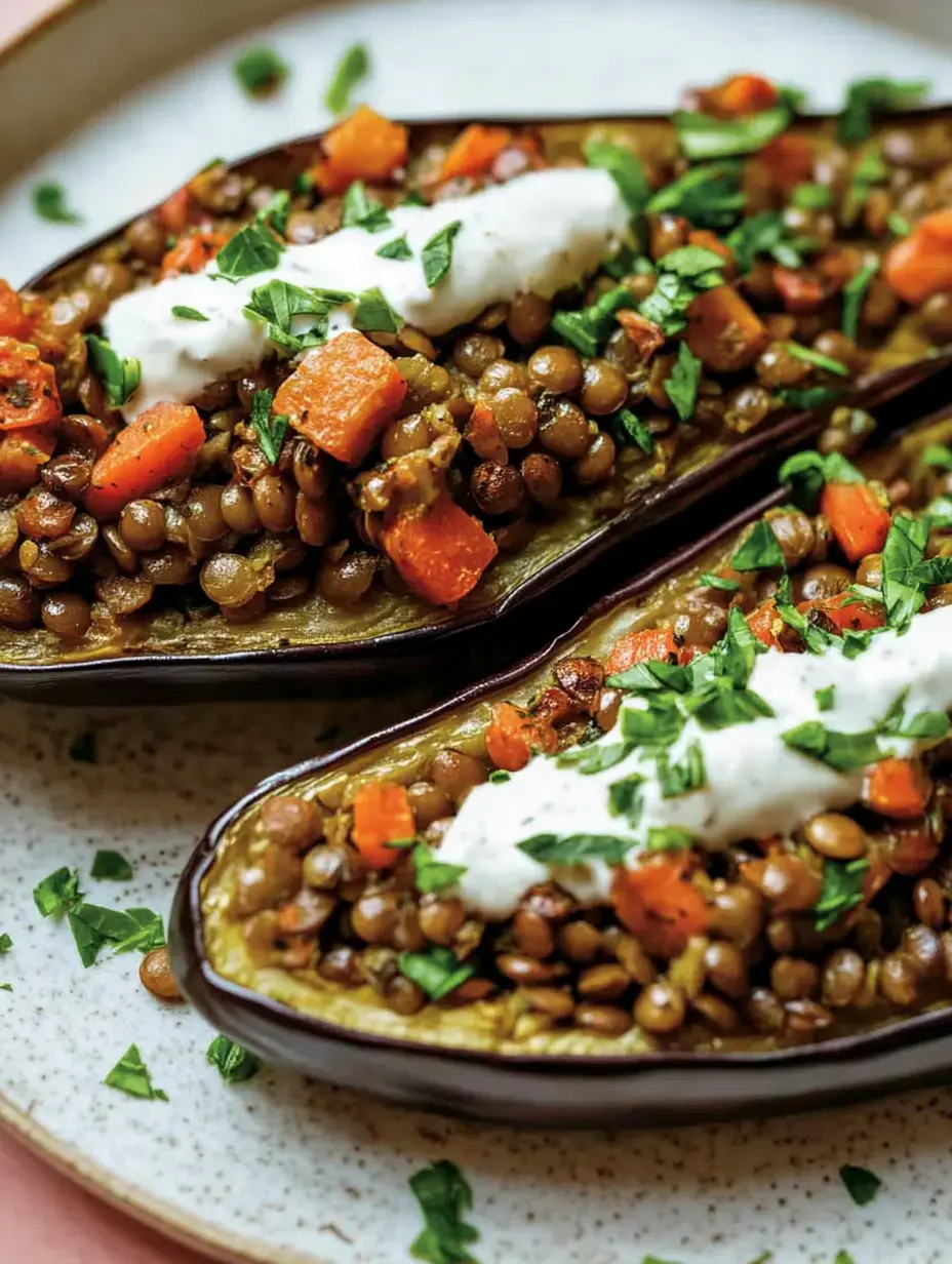 Moitiés d'aubergines farcies aux lentilles et carottes avec une touche de yaourt, décorées de persil frais.