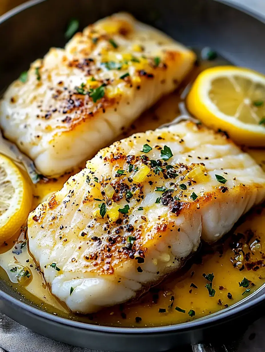 Deux filets de poisson poêlés dans une poêle avec tranches de citron et herbes.