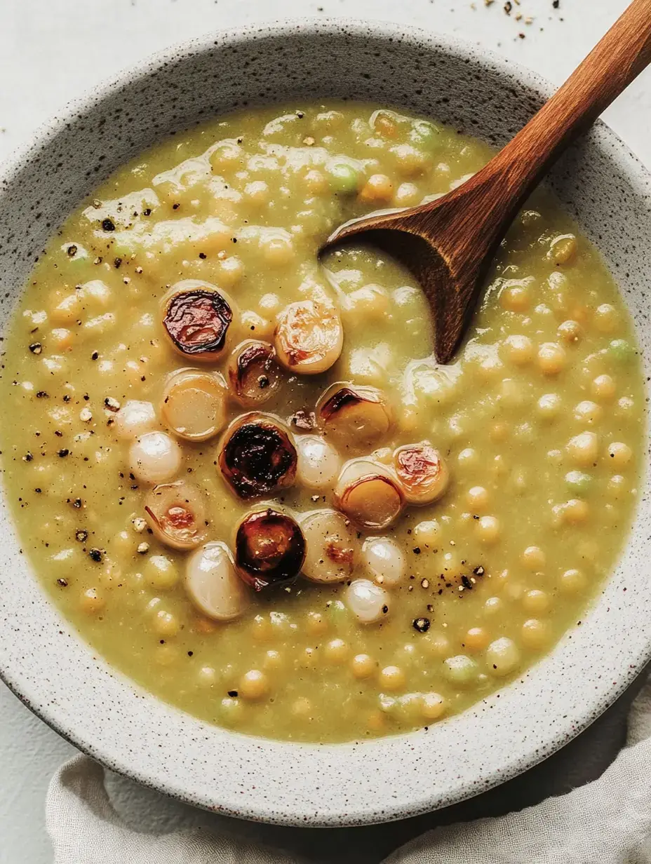 Un bol de soupe crémeuse aux pois, garnie d'oignons frits et poivrée.