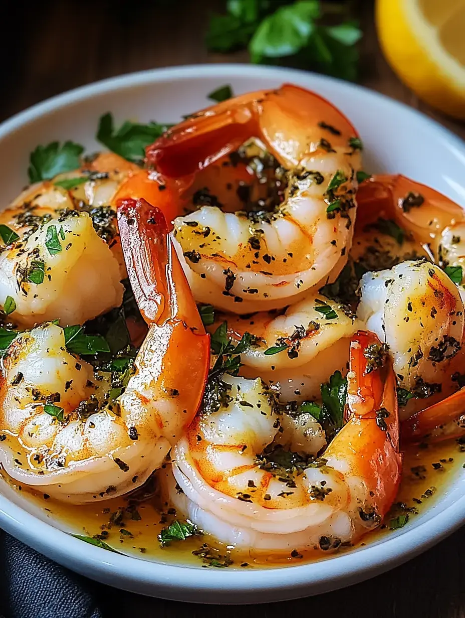 Une assiette de crevettes épicées, garnies d'herbes fraîches et servies avec une tranche de citron.