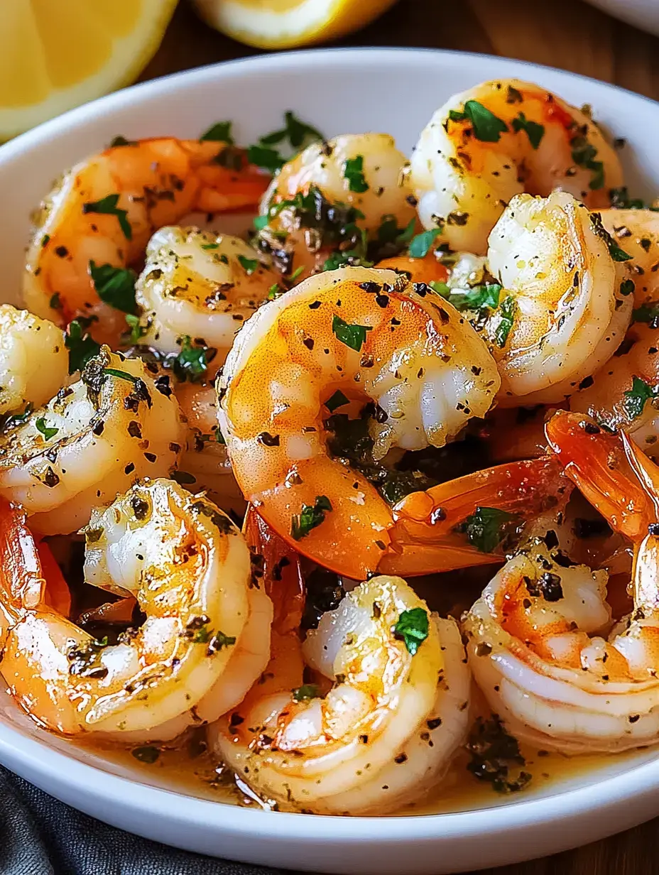 Un bol blanc rempli de crevettes cuites, garnies d'herbes fraîches et d'épices.