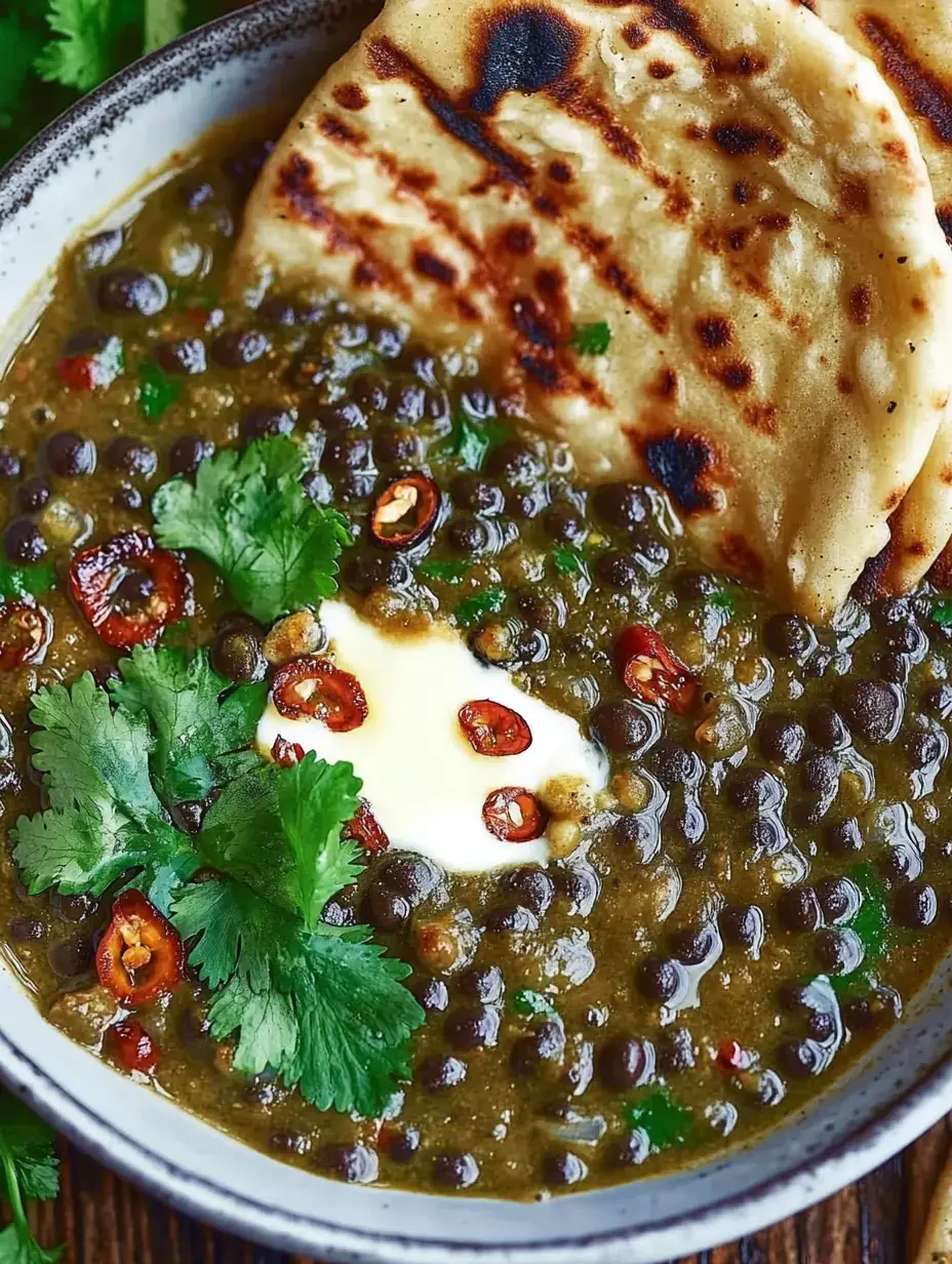 Un bol de soupe de lentilles épicée, garnie de coriandre, de piments rouges et d'une touche de yaourt, accompagnée de deux pains plats légèrement brûlés.