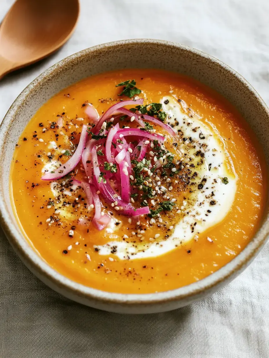 Un bol de soupe orange vif, garni d'oignons rouges, d'herbes, d'une touche de crème et d'épices.