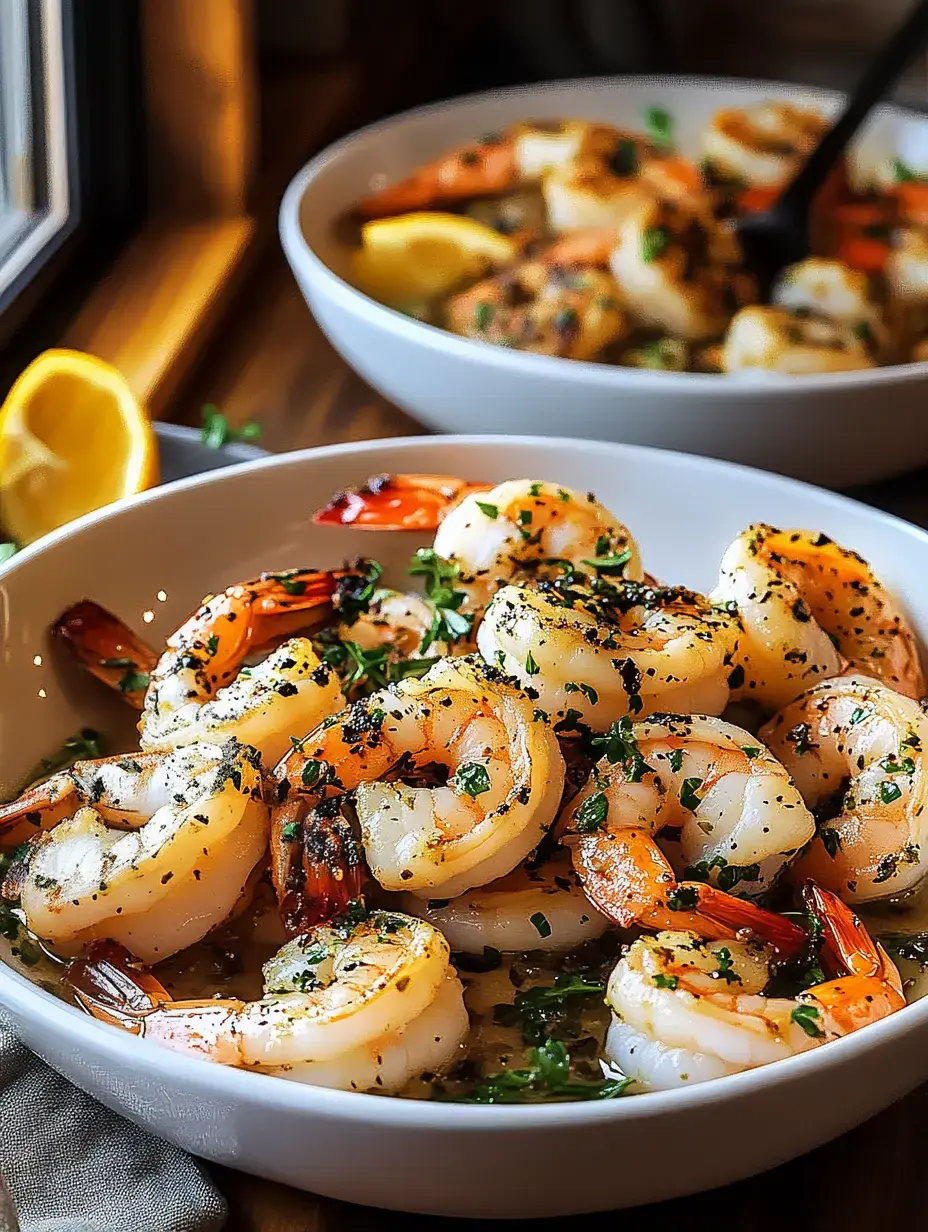 Une assiette de crevettes poêlées, garnies d'herbes fraîches et de citron.
