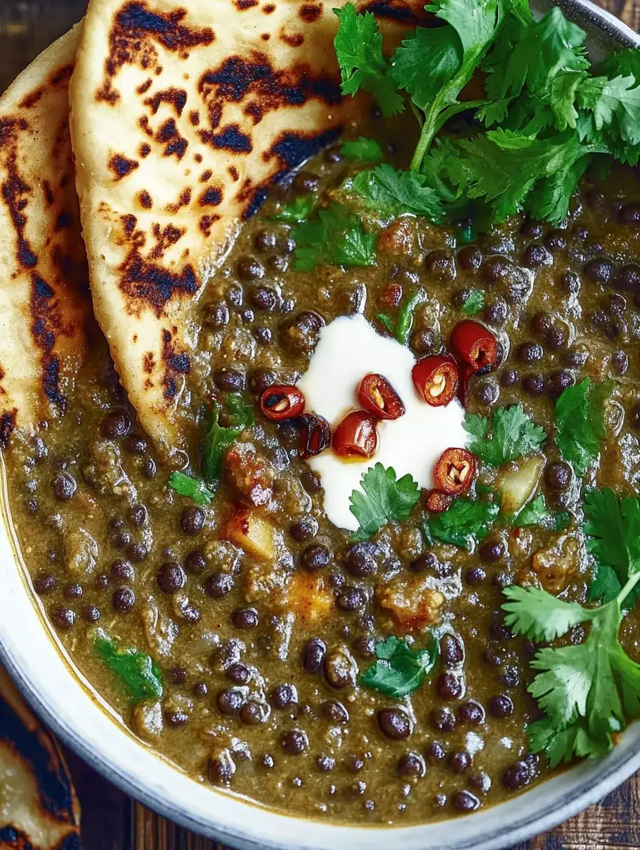 Une assiette de dal, garnie de coriandre fraîche, de piment et d'une touche de yaourt, servie avec deux pains plats légèrement brûlés.