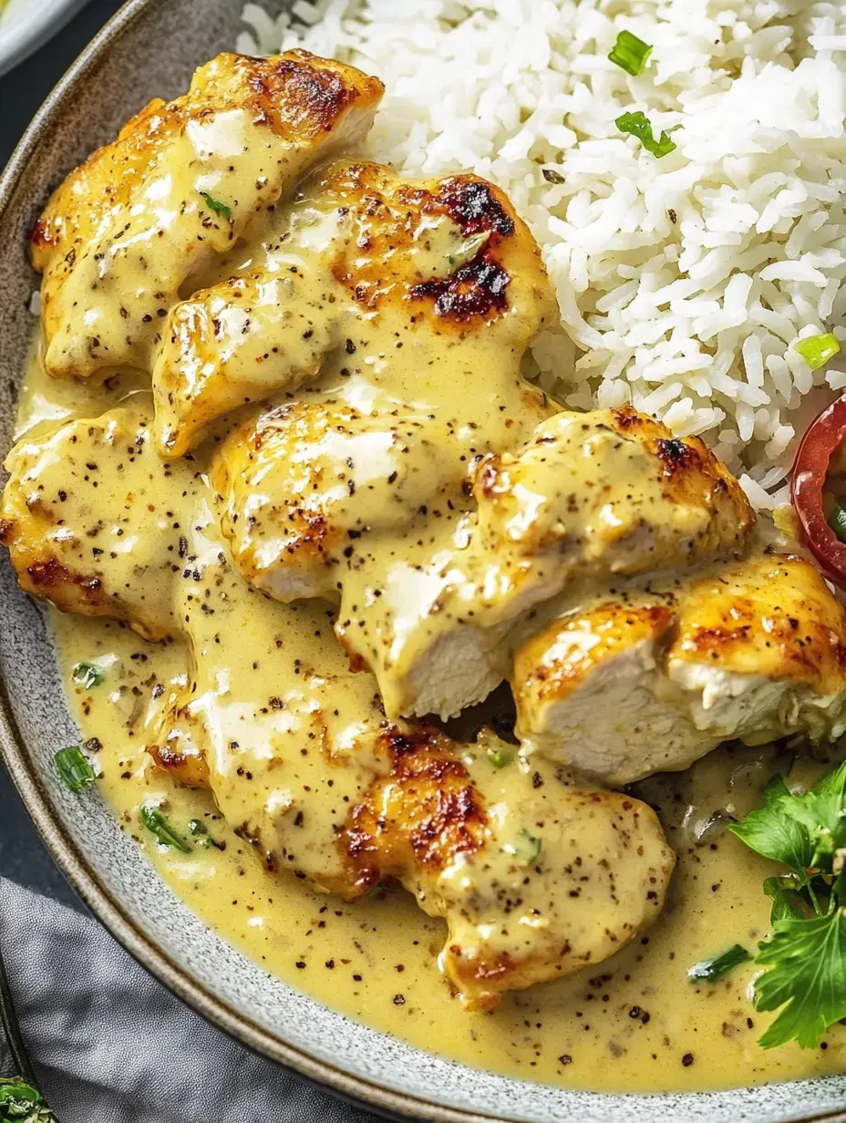 Une assiette de filet de poulet mijoté en sauce, accompagné de riz et légumes frais.