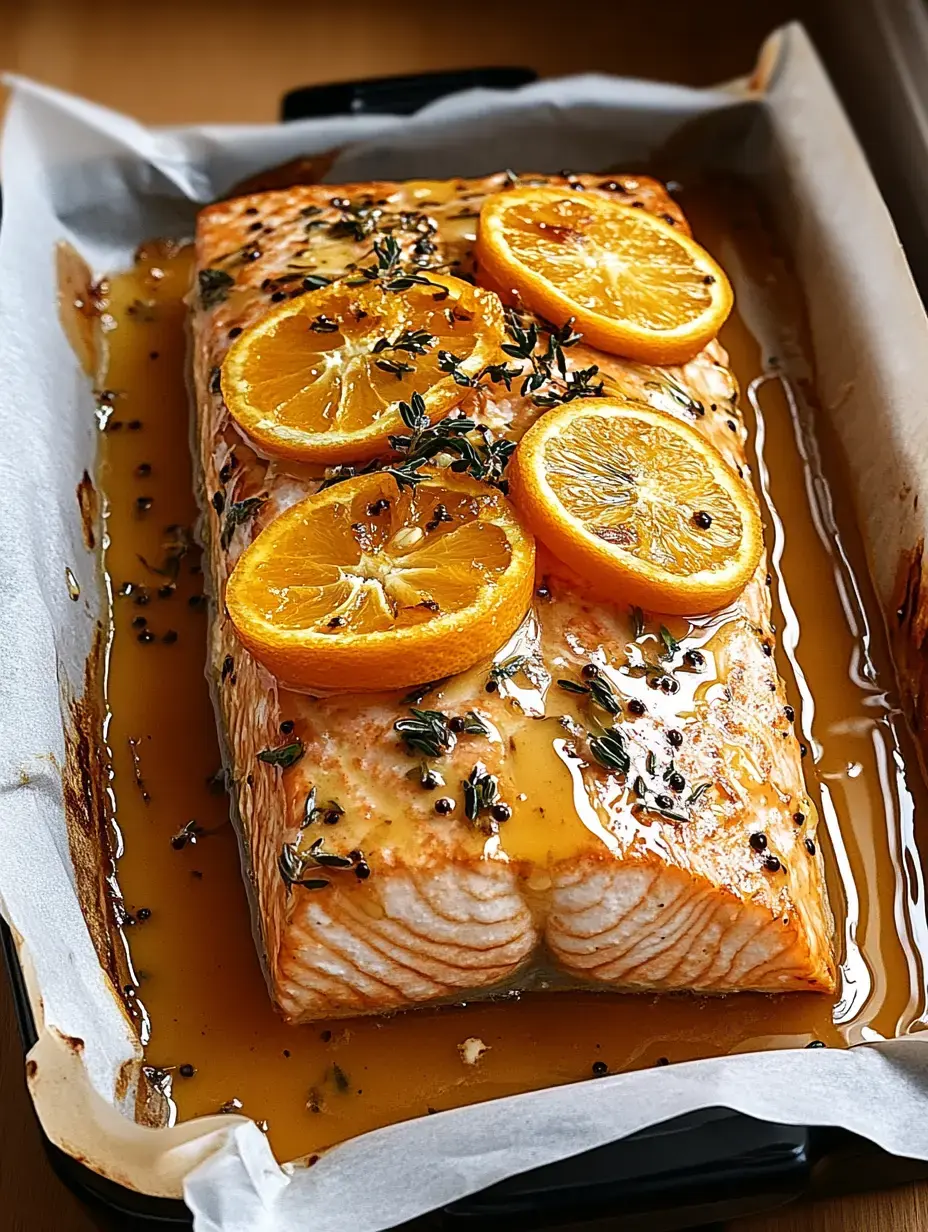 Un morceau de saumon cuit, garni de tranches d'orange et d'herbes fraîches dans une marinade brillante, posé sur une plaque de cuisson.