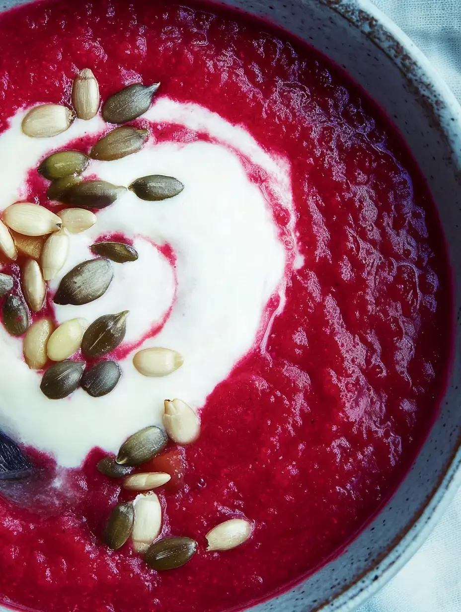 Une soupe crémeuse de betterave avec une touche de crème et des graines grillées.