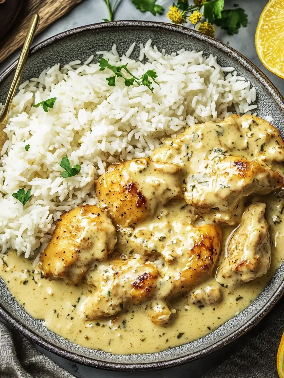 Une assiette de poulet poêlé dans une sauce crémeuse, servi avec du riz et des herbes fraîches.