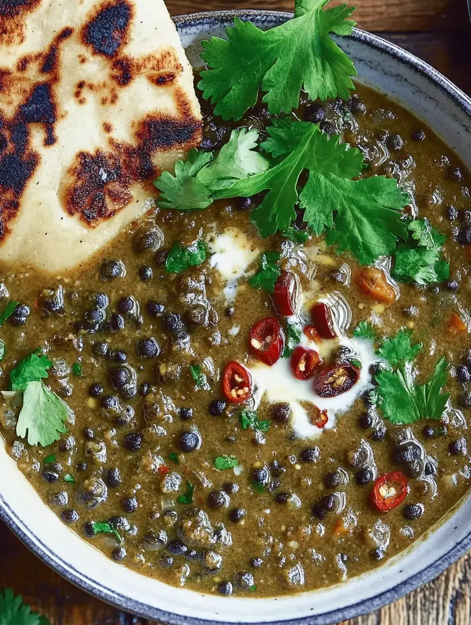 Un bol de soupe de lentilles vertes, garni de coriandre, de piments rouges et un morceau de pain plat.