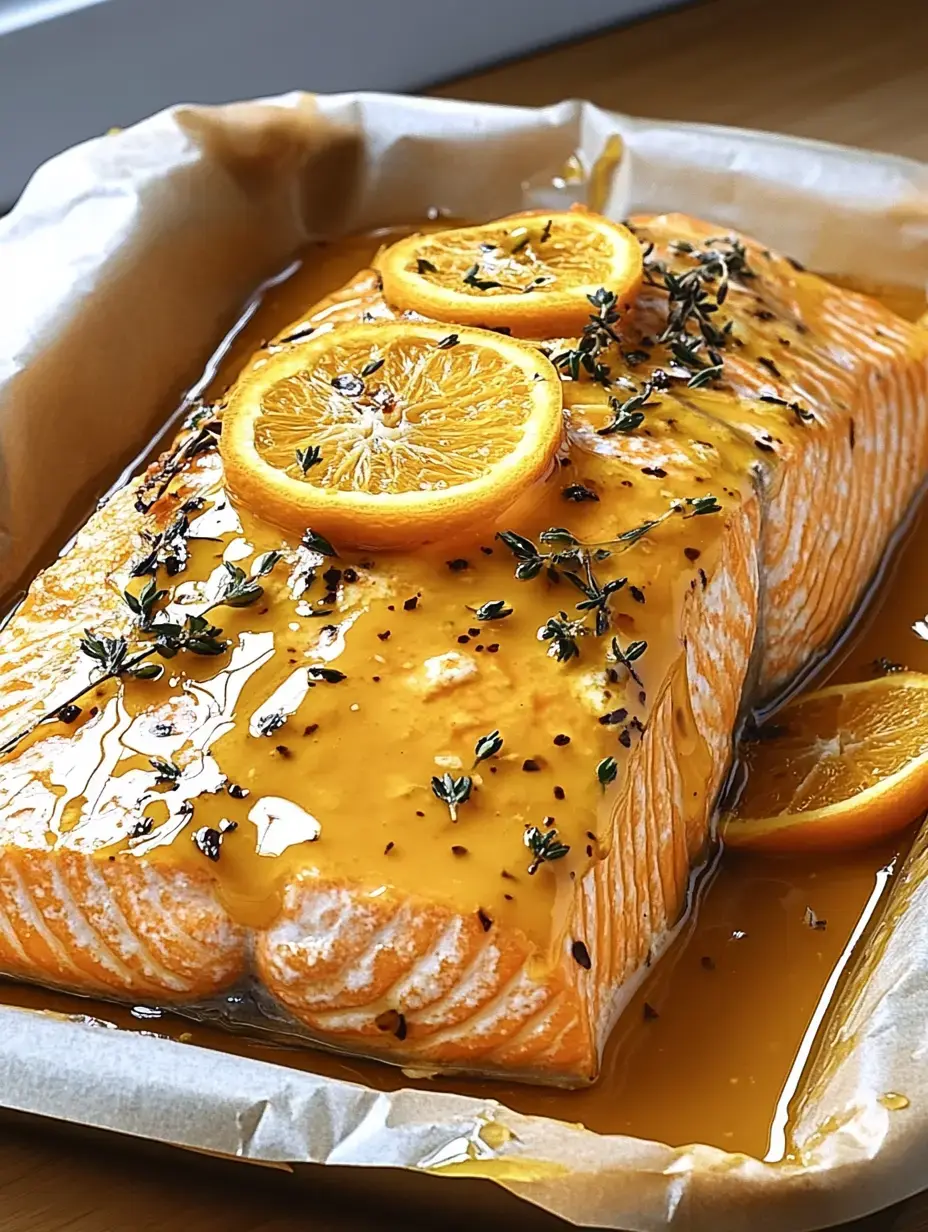 Un morceau de saumon juteux avec un glaçage au jus d'orange, garni de tranches d'orange et de thym frais.