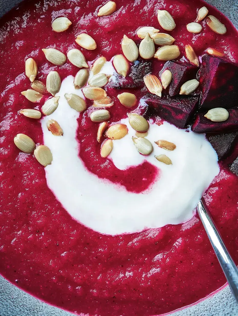 Une soupe rouge profond avec du yaourt et des graines grillées, garnie de petits morceaux de betterave.
