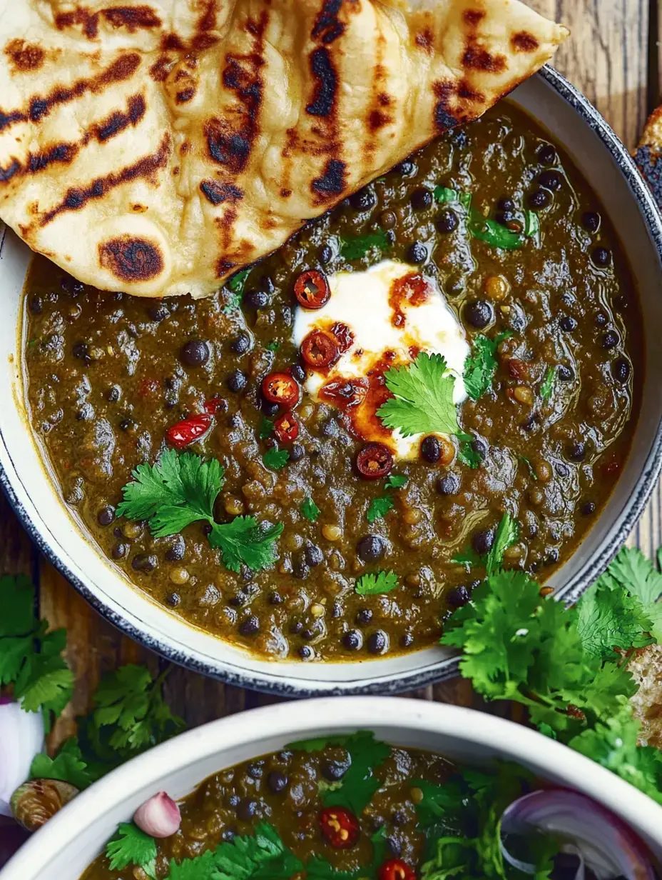Un bol de soupe de lentilles vertes, garni de coriandre, de piments rouges et d'une touche de yaourt, servi avec du pain naan.