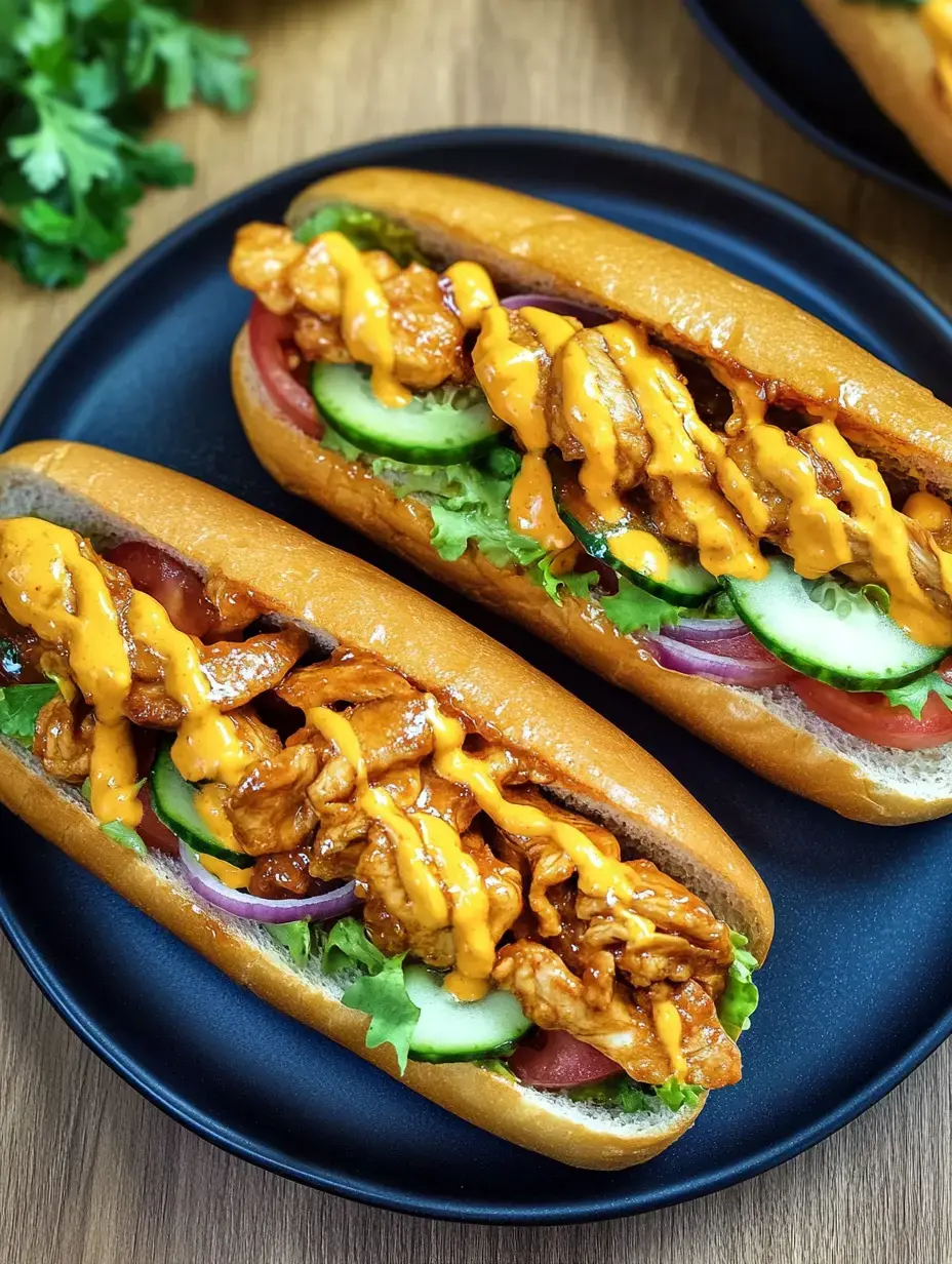 Deux hot-dogs garnis de poulet épicé, salade, tomates, concombres et sauce au fromage sur une assiette noire.