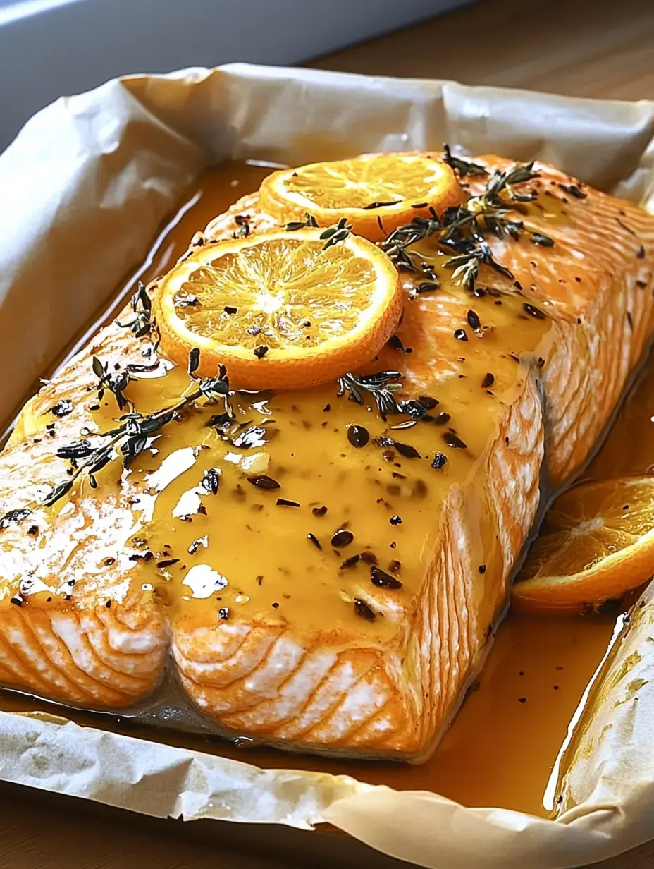 Un filet de saumon garni d'oranges et d'herbes dans un plat à gratin.
