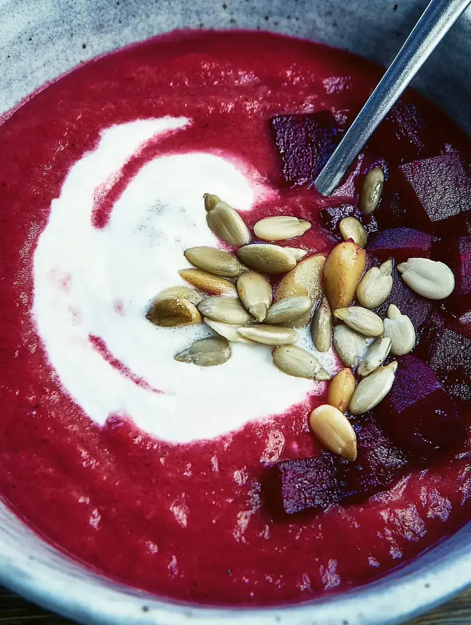 Un bol de soupe rouge, garni de crème fraîche, de cubes de betterave et diverses graines.