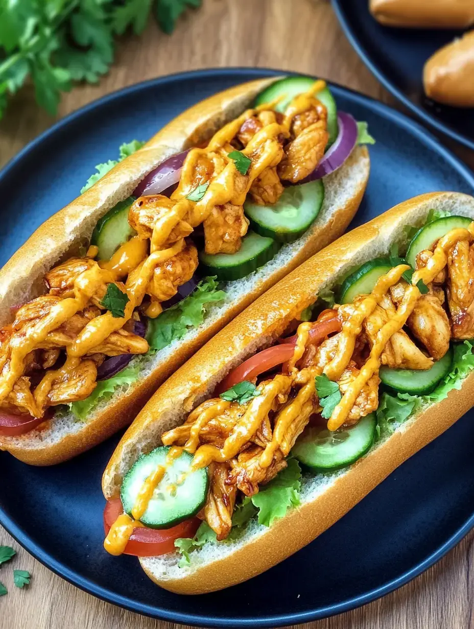 Deux hot-dogs avec du poulet grillé, concombres, tomates, oignons et une sauce épicée sur une assiette noire.