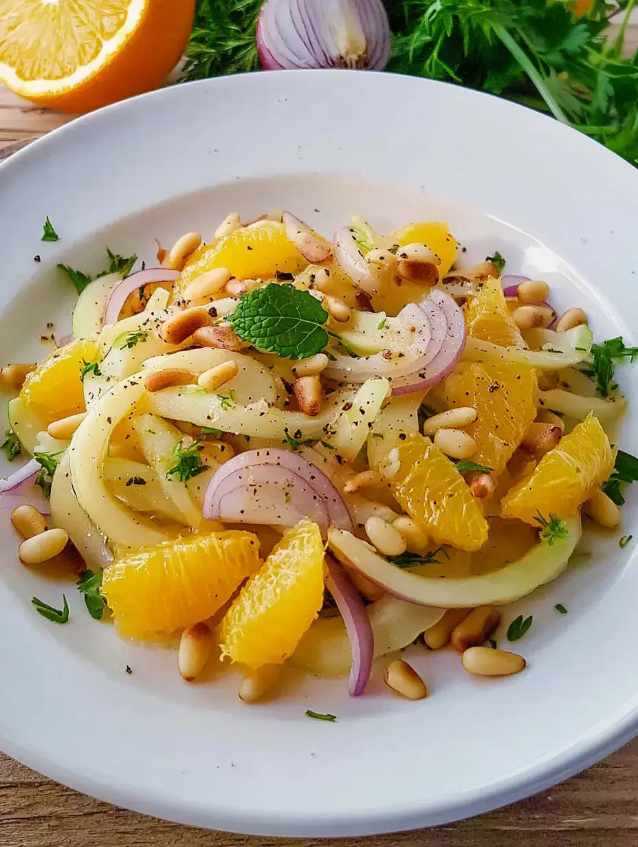 Une salade fraîche de pommes, oranges, oignons rouges, pignons et herbes dans un bol blanc.