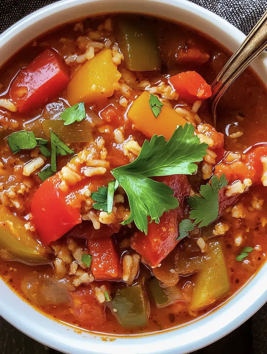 Un bol de soupe colorée aux légumes et riz, contenant des poivrons rouges, verts et jaunes ainsi que des herbes fraîches.