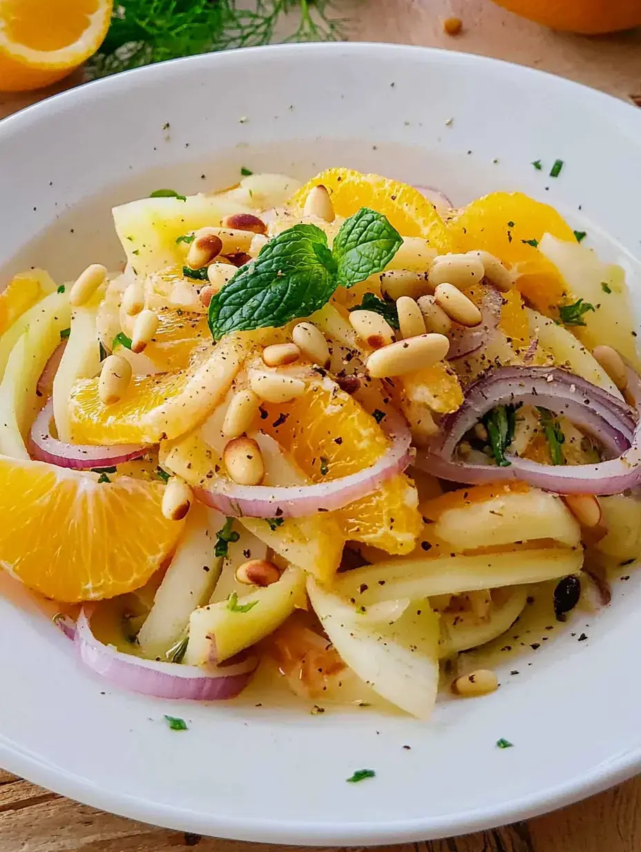 Une salade fraîche de pommes, oranges, oignons rouges, pignons avec un soupçon de menthe, servie dans un bol blanc.