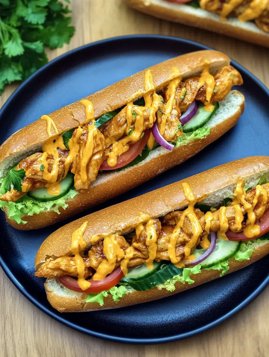 Deux sandwichs garnis de poulet grillé, légumes et sauce crémeuse sur une assiette bleue.