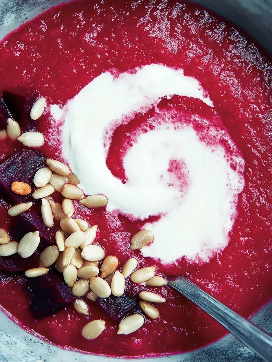 Un bol de soupe rouge, décoré d'une touche de crème et de graines de courge.