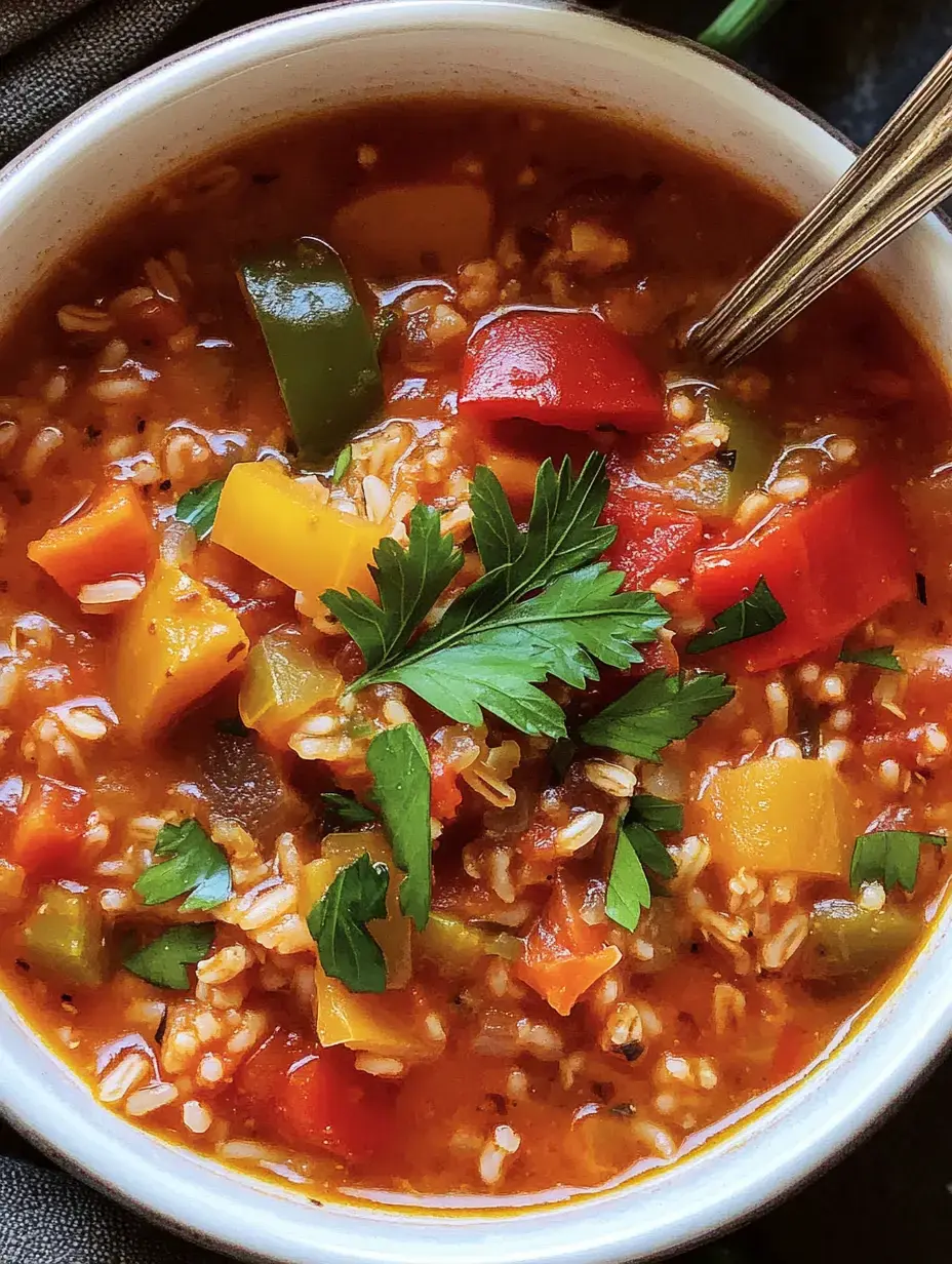 Un bol de soupe colorée aux légumes, garnie de riz, poivrons multicolores et persil frais.
