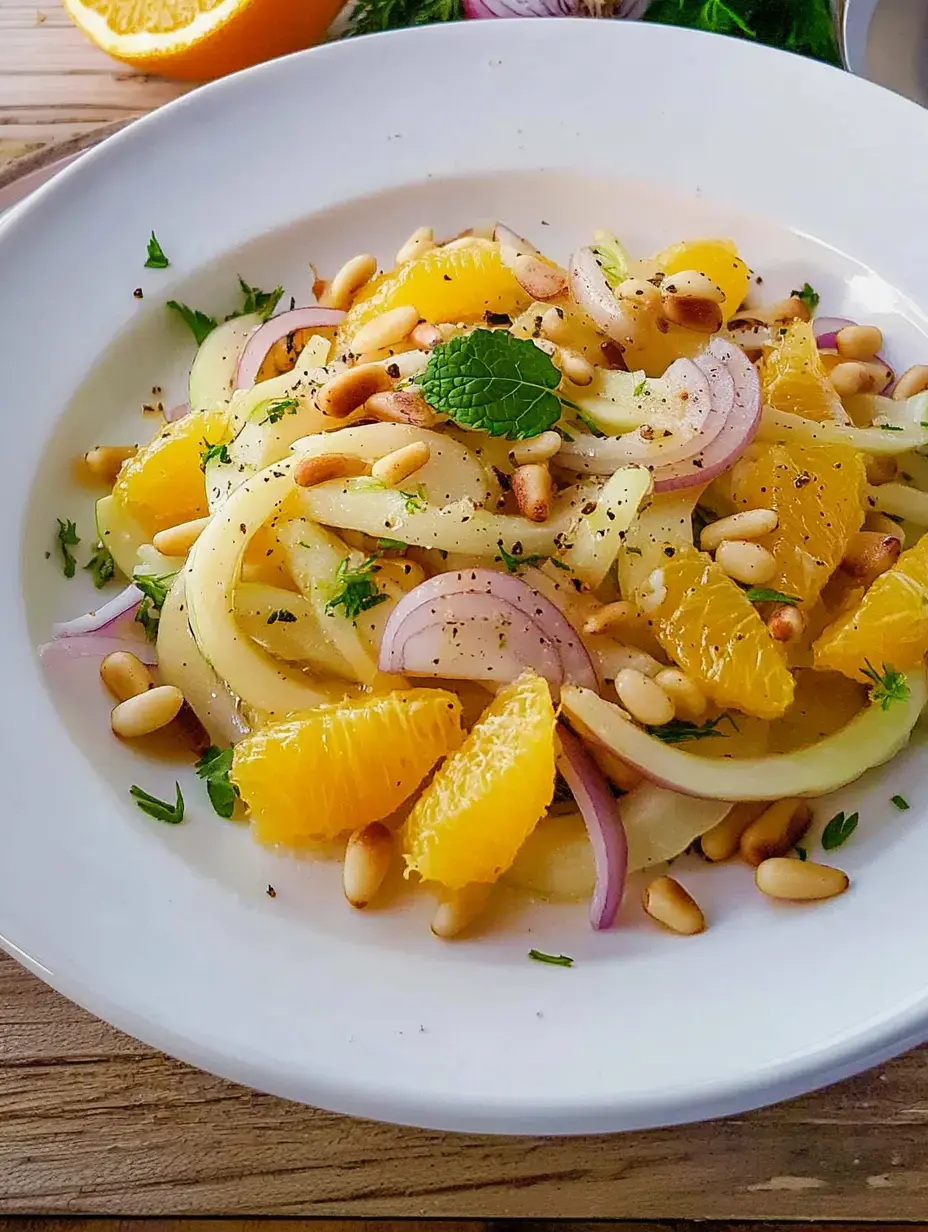 Une salade de légumes finement tranchés, morceaux d'orange, oignons rouges et pignons, garnie d'herbes fraîches.