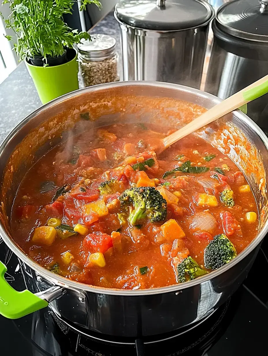 Une marmite fumante contenant une soupe colorée de légumes est posée sur une cuisinière, tandis que des herbes dans un pot de fleurs sont visibles en arrière-plan.