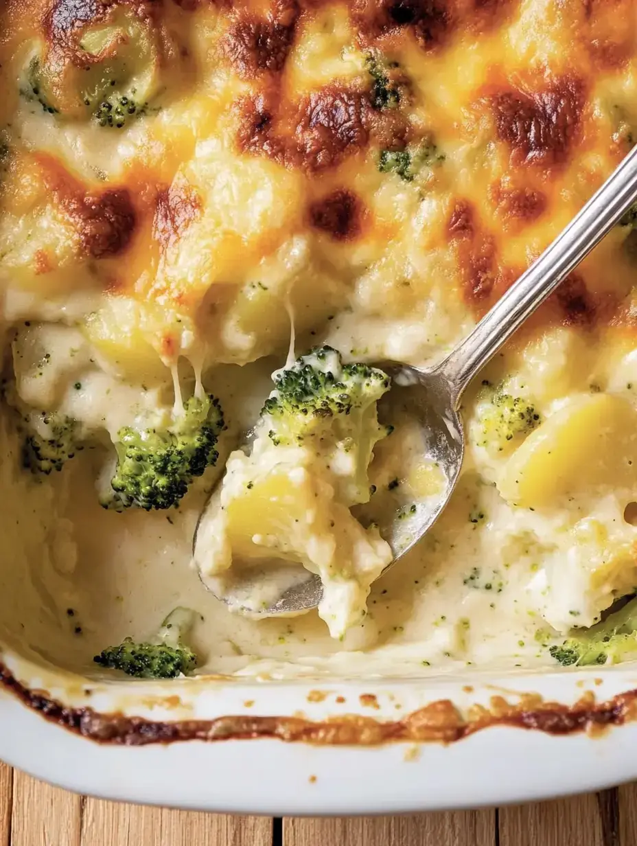 Un plat gratiné de brocoli et pommes de terre dans une sauce crémeuse.