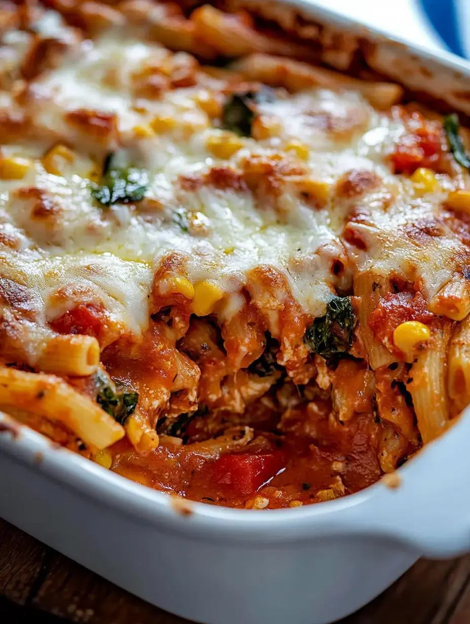 Un gratin de pâtes avec fromage, épinards et sauce tomate, servi dans un plat blanc.