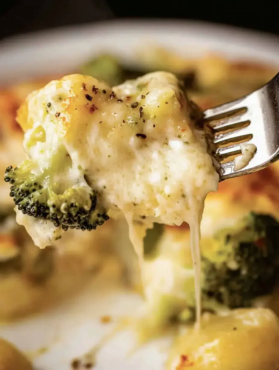 Un morceau de gratin au brocoli et fromage soulevé avec une fourchette.
