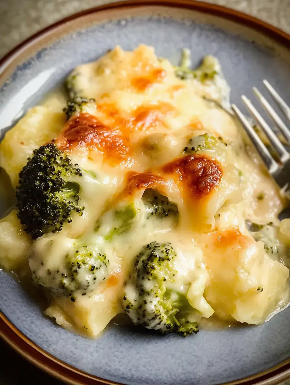 Une assiette de gratin crémeux au brocoli et fromage, doré et servi dans une assiette bleue.