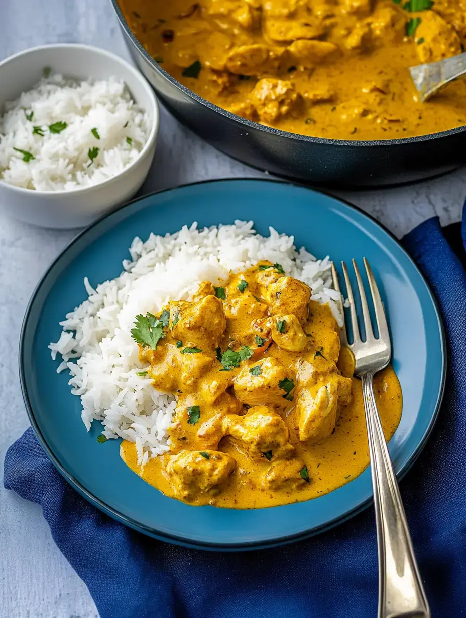 Une assiette de riz avec une sauce crémeuse au poulet curry, garnie de coriandre fraîche.