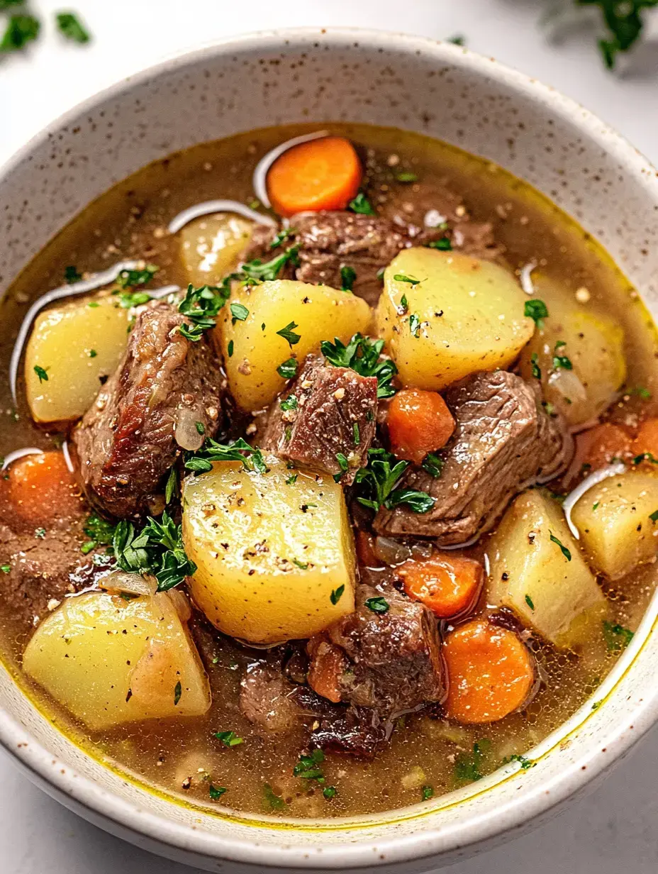 Une assiette de soupe savoureuse au bœuf, remplie de pommes de terre, carottes et herbes fraîches.