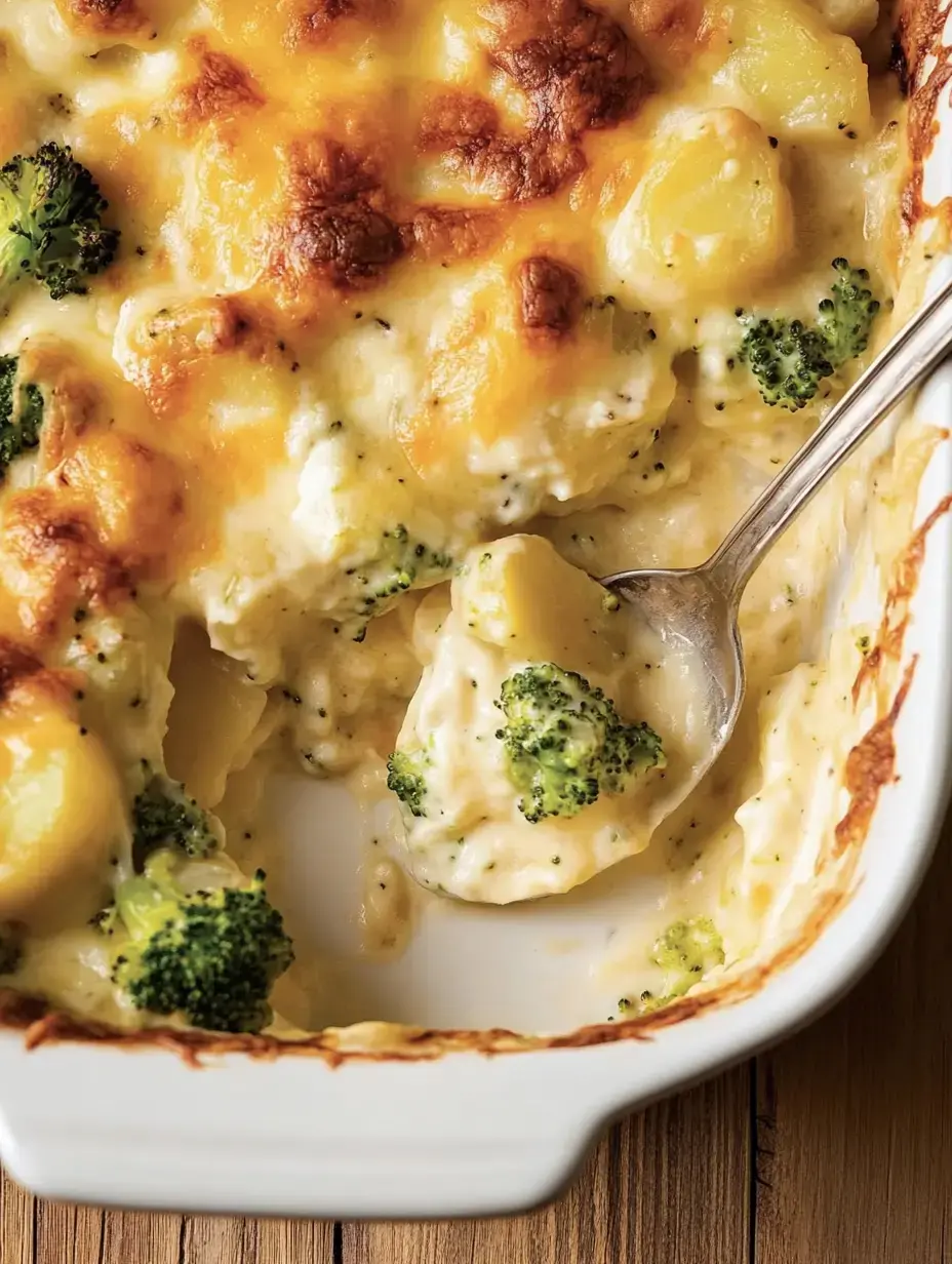 Un gratin crémeux de pommes de terre et brocoli avec une couverture de fromage doré dans un plat blanc.