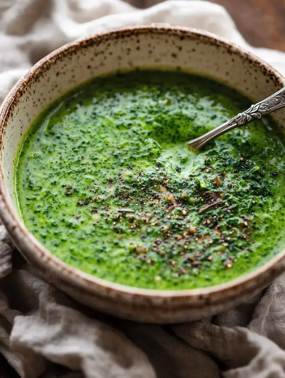 Un bol de soupe verte, garnie d'épices, posé sur un linge en tissu.