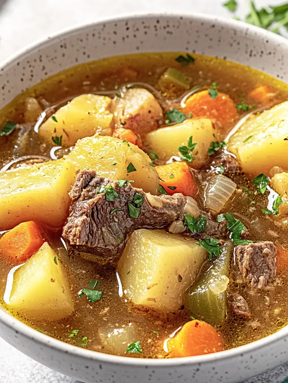 Un bol de ragoût savoureux avec viande, pommes de terre, carottes et persil.