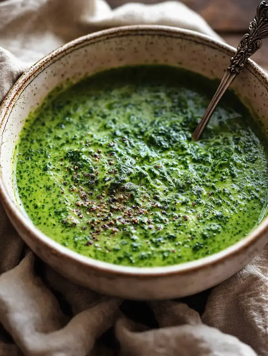 Un bol de soupe verte crémeuse, saupoudrée de poivre moulu et entourée d'un linge gris.