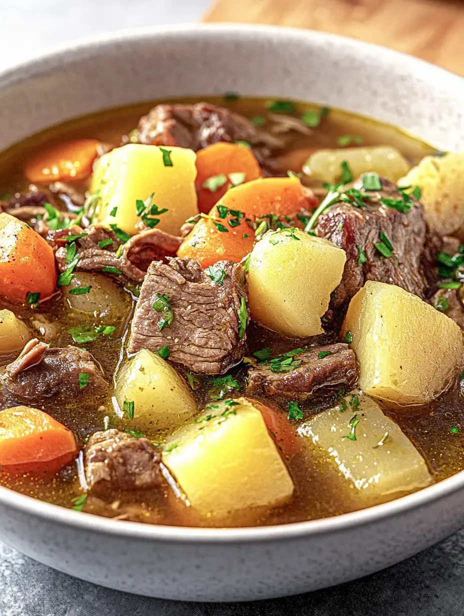 Un bol de ragoût savoureux avec viande, pommes de terre et carottes, décoré de persil frais.