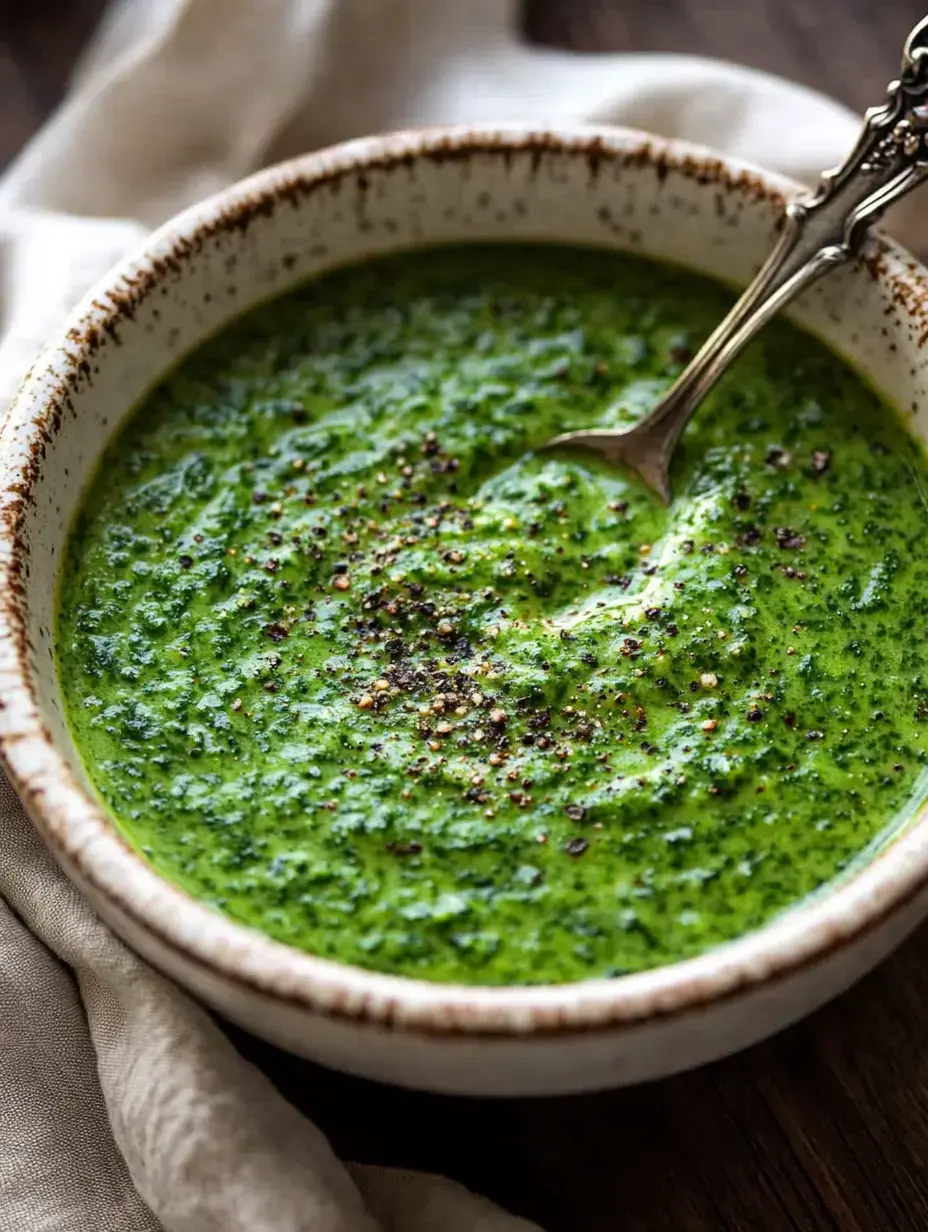 Un bol de sauce verte aux herbes, garnie de poivre noir.